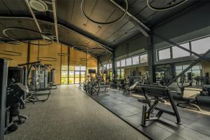 a gym with rows of treadmills and machines at ARCA Resort in Blăgeşti