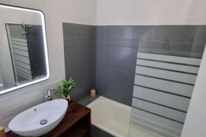 a bathroom with a sink and a glass shower at Superbe Appartement déco, Sur la plage, vue mer, 2 chambres, refait à neuf, Climatisé, Parking privé, Piscine in Sète