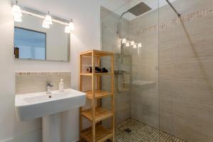 La salle de bains est pourvue d'un lavabo et d'une douche. dans l'établissement MAISON EOLE, à Villeurbanne