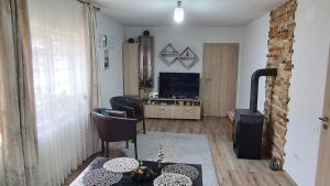 a living room with a fireplace and a television at Rooftop View in Predeluţ