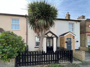 a palm tree in front of a house with a fence at Charming 2 Bedroom Cottage in Staines Upon Thames in Staines upon Thames