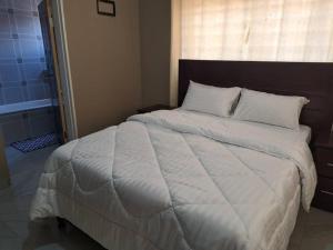 a bedroom with a large white bed with a window at Edmut Apartments in Lusaka