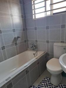 a bathroom with a toilet and a tub and a sink at Edmut Apartments in Lusaka