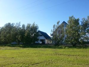 a white house with trees in a field at Guesthouse Dalbaer in Fludir
