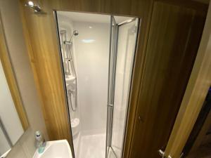 een douche met een glazen deur naast een wastafel bij RostrevorValley Caravan Experience Private HotTub in Rostrevor