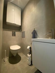 a bathroom with a white toilet and a sink at BEMA Guest House - City Centre in Wrocław