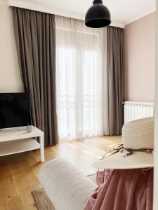 a living room with a flat screen tv and a couch at Don Balkan Араrtamen Roza in Vrnjačka Banja