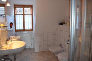 a bathroom with a sink and a toilet and a shower at Quartier am Brunnen in Quedlinburg +39 photos
