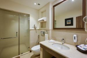 a bathroom with a shower and a sink and a toilet at Flora Airport Hotel and Convention Centre Kochi in Nedumbassery