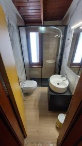 La salle de bains est pourvue de toilettes, d'un lavabo et d'une douche. dans l'établissement Villa Gaia, à Folgarida