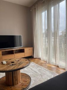 ein Wohnzimmer mit einem TV und einem Couchtisch in der Unterkunft 2 chambres • Centre-historique in Bourges