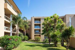 een appartementencomplex met palmbomen ervoor bij Résidence Marina Bianca in Santa-Lucia-di-Moriani