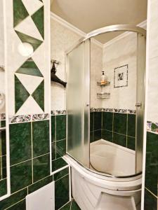 a bathroom with a shower with green tiles at Nadezhda Apartments on Gogol st. - Maulenov st. in Almaty