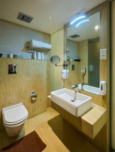 a bathroom with a sink and a toilet and a mirror at Flora Airport Hotel and Convention Centre Kochi in Nedumbassery