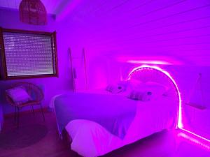 Un dormitorio con una cama rosa iluminada en una habitación en Un moment de détente, en Gilly-sur-Isère