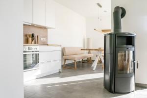 a kitchen with a stove in the middle of a room at Park-Apartment Scharmützelsee Wohnung 5 in Wendisch Rietz