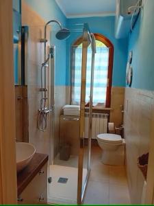 uma casa de banho com um chuveiro, um WC e um lavatório. em D19 em Peschiera del Garda