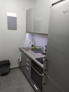 uma pequena cozinha com um lavatório e um frigorífico em Academys Modern Apartment by Aesthetic & Luxurious em Atenas