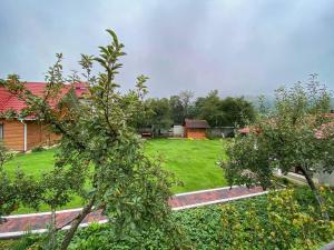 Blick auf einen Garten mit Bäumen und ein Haus in der Unterkunft Садиба Мигове in Myhowe
