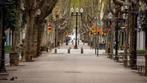 eine von Bäumen gesäumte Straße mit Bänken und Straßenbeleuchtung in der Unterkunft 1223 - POBLENOU APARTMENT in Barcelona