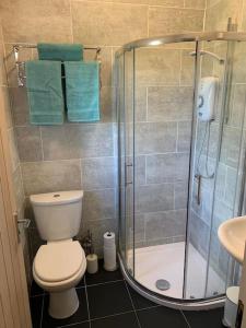 a bathroom with a shower and a toilet and a sink at Cosy & Characterful, Seaside Cottage, Dog Friendly in Worle