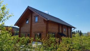 ein großes Holzhaus auf einem Feld mit Büschen in der Unterkunft Ecolodge 2 in Medebach
