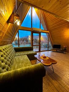 a living room with a couch and a table at Doka Valea Sebesului A-Frame in Sebeşu