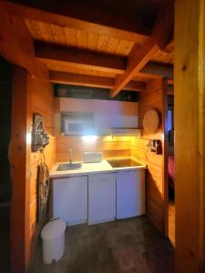 a small kitchen with a sink and a stove at Maison de bois finlandaise au pied des pistes in Bolquere Pyrenees 2000