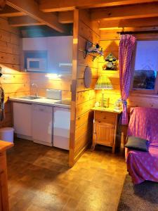 a kitchen in a cabin with a sink and a table at Maison de bois finlandaise au pied des pistes in Bolquere Pyrenees 2000