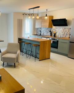 蒙佩利爾的住宿－Appartement Premium 4 Stars - Antigone，一间厨房,在房间内有一个大岛