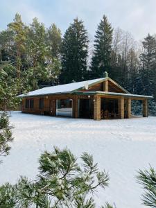 una cabaña de madera en la nieve con árboles en Vanago Lizdas, en Druskininkai