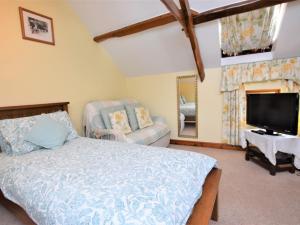 a bedroom with a bed and a flat screen tv at 3 bed property in Bideford HONEY in Frithelstock