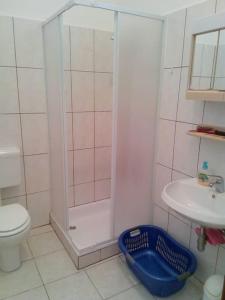 y baño con ducha, aseo y lavamanos. en Ferienhaus am Wasser - Kuća RiO - iberische Finca in Dalmatien, en Bilice