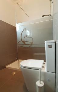 a bathroom with a white toilet and a shower at Casa Raposo in Miranda do Corvo