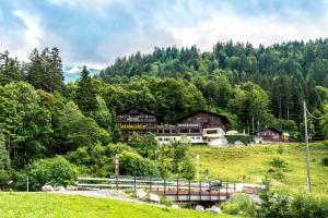 un gran edificio en una colina con un puente en Hotel Bänklialp, en Engelberg