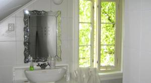 baño con lavabo y espejo y 2 ventanas en Jordbærstova Feriehus, en Valldal