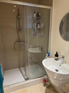 a bathroom with a shower and a sink at Cosy and lovely 4-Bed House in Stanmore in Stanmore