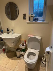 ein Badezimmer mit einem weißen WC und einem Waschbecken in der Unterkunft Cosy and lovely 4-Bed House in Stanmore in Stanmore