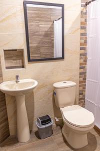 a bathroom with a toilet and a sink and a mirror at Hotel Maranta in Pereira