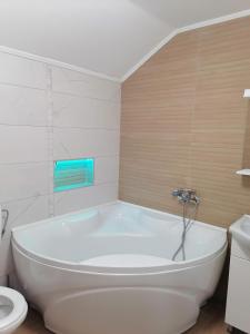 La salle de bains est pourvue d'une baignoire blanche et de toilettes. dans l'établissement Apartmani Lane 1, à Kraljevo