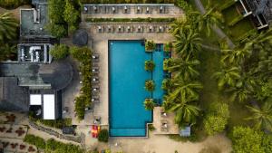 an overhead view of a pool in a resort with palm trees at STORY Seychelles in Beau Vallon