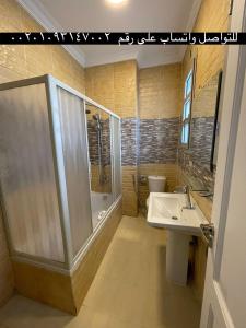 a bathroom with a shower and a sink and a toilet at Villa paradise for rent in Elshikh zayed in Abū Rawwāsh