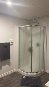 a glass shower in a bathroom with a black towel at Oasis in Ascot Corner +17 photos
