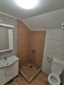 e bagno con servizi igienici, lavandino e doccia. di Apartmani Lena a Kraljevo