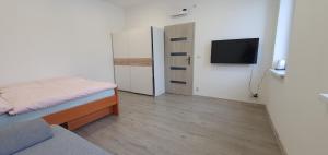 um pequeno quarto com uma cama e uma televisão em Apartment 35m2 em Karlovy Vary