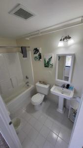 a bathroom with a toilet and a sink and a tub at Amazing 1 BR Apt In City Center in Detroit