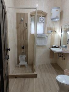 a bathroom with a shower and a toilet and a sink at West View Hotel in Rānīkhet