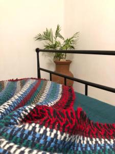 a colorful blanket on a bed with a potted plant at Quintinha dos Pombinhos in Montoito