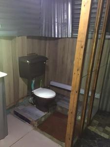 baño con aseo y pared de madera en The shack life, en Rensburgdorp