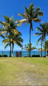 un grupo de palmeras en una playa con el océano en Casa de Praia em condomínio, en Vera Cruz de Itaparica